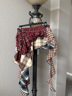 Plaid Multi-Panel Asymmetric Ruffle Skirt in Burgundy, Brown, Cream & Black